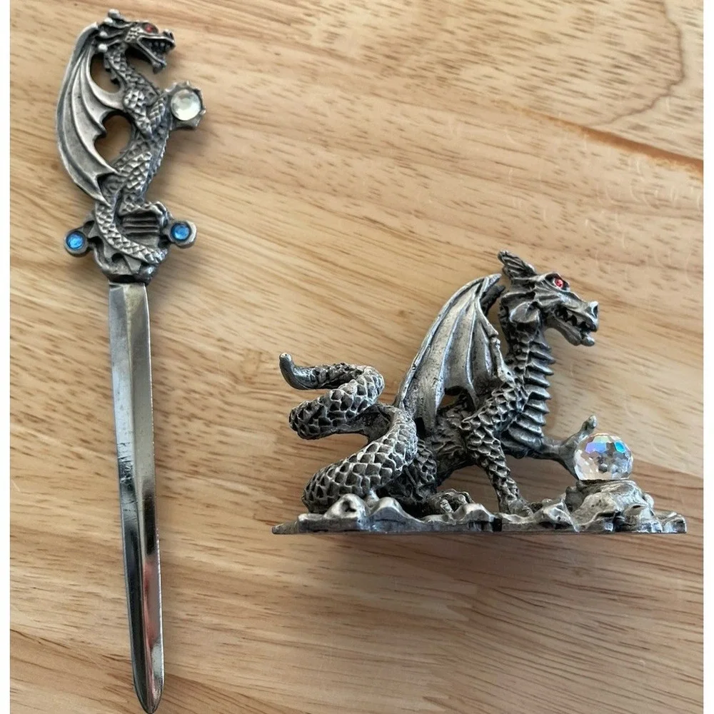 Sunglo 1990 Metal Dragon Letter Opener And‎ Holder With Rhinestones